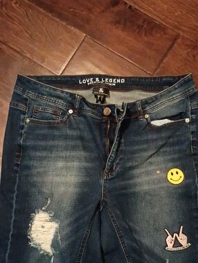 Love & Legend Dark Blue Skinny Jeans with Fun Patch Accents